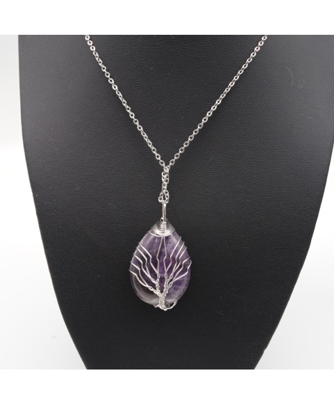 Amethyst Wrapped Teardrop-Shaped Natural Crystal Semi-Precious Stone Pendant Necklace