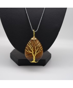Tiger's Eye Wire-Wrapped Teardrop-Shaped Natural Crystal Semi-Precious Stone Pendant Necklace